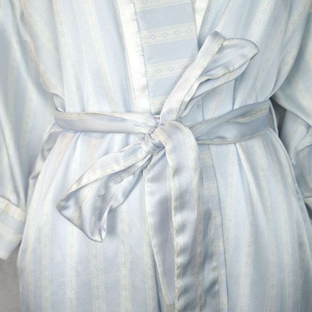 Vintage Christian Dior Robe Womens Large Blue Satin Kimono Striped Logo Belted - Picture 6 of 16